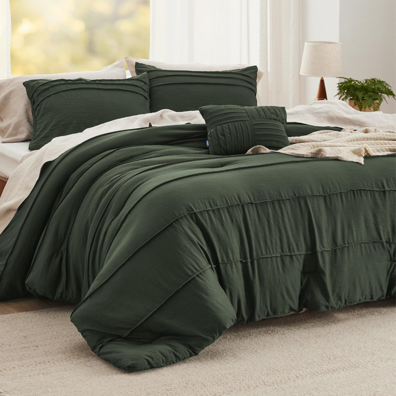 Ensembles d'édredon à plis pincés et ensemble de literie avec taies d'oreiller Boho, Vert olive