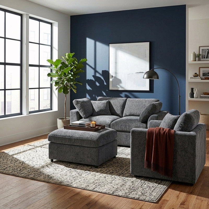 Ensemble de canapé 3 pièces rembourré avec pouf amovible et coussins, Gray