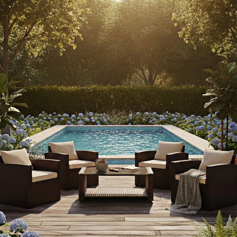 Carlyssa 5 Piece Outdoor Rattan Sofa Seating Group with 2 Tiers Coffee Table, Beige