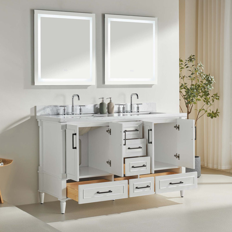 Meuble-lavabo double autoportant de 60 po avec poignées noires supplémentaires