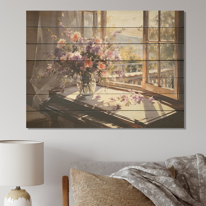 Piano Serenade, bouquet de fleurs mauves II - Fleurs sur bois, H 10 po x l 20 po x P 0,78 po