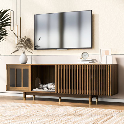 Meuble audio-vidéo en noyer de style Mid-Century moderne avec porte coulissante, option rabattable, zone de confort élégante pour chat et portes et téléviseurs de style pièce, Cozy Place Center