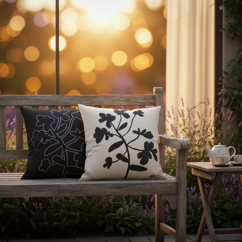 Coussin décoratif floral noir et blanc 18 po x 18 po