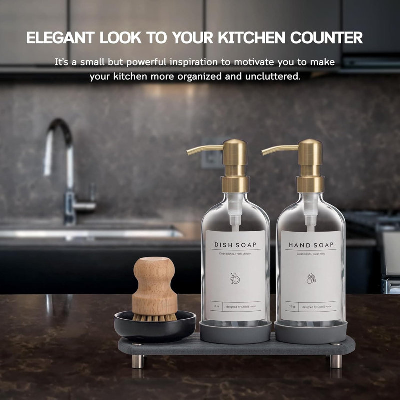 16oz Clear Glass Kitchen Soap Dispenser Set | Stainless Steel Pump, Dry Tray & Accessories | Labels, Silicone Pad & Dish Brush