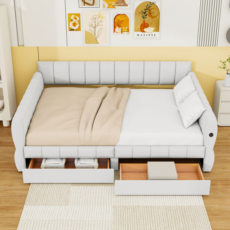 Grand lit plateforme tapissier avec 2 tiroirs et port USB, Blanc