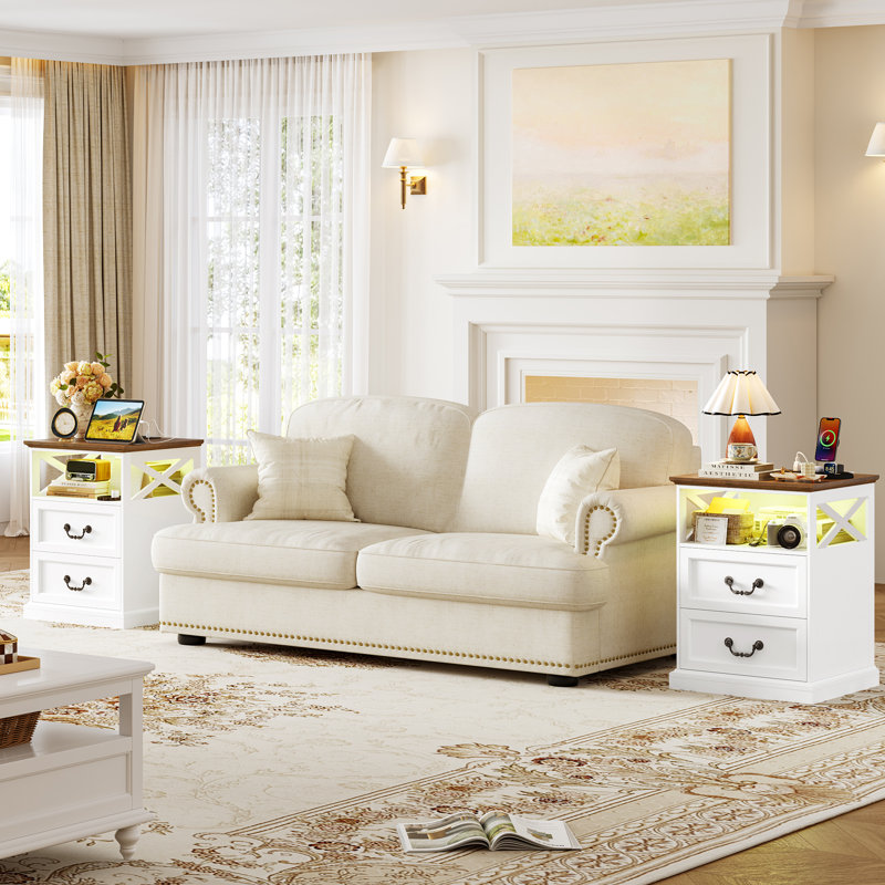 Ensemble de chambre à coucher 3 pièces avec lit plateforme en velours capitonné, Très grand lit, Beige