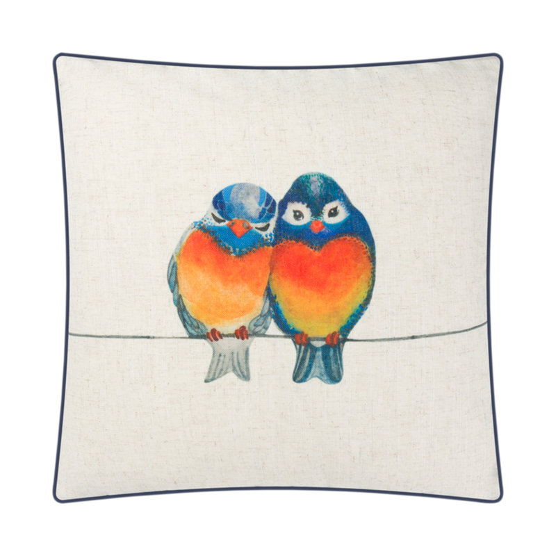 Birds Print Linen Throw Pillow Cover, White/Blue/Orange, 18" H x 18" W, Square