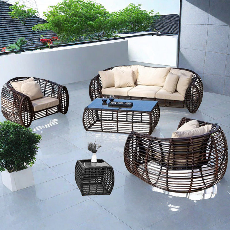 Modern Outdoor Wicker Sofa Durable Rattan Wicker 5 - Person Patio Conversation Set with Cushions