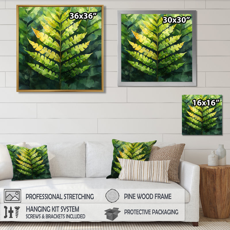 «Fern Collage Of The Forest II - Ferns», art mural sur toile, Impression encadrée flottante, H 30 po x l 30 po, Doré