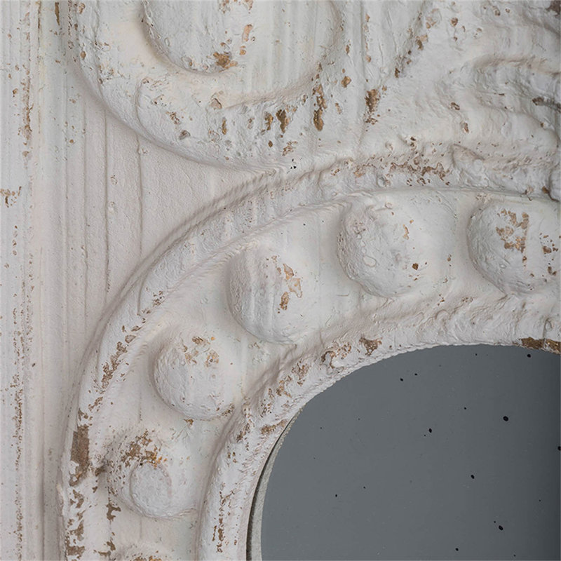 Ensemble de 2 grands panneaux d'art mural en bois avec finition blanche patinée et décorations de miroir rond