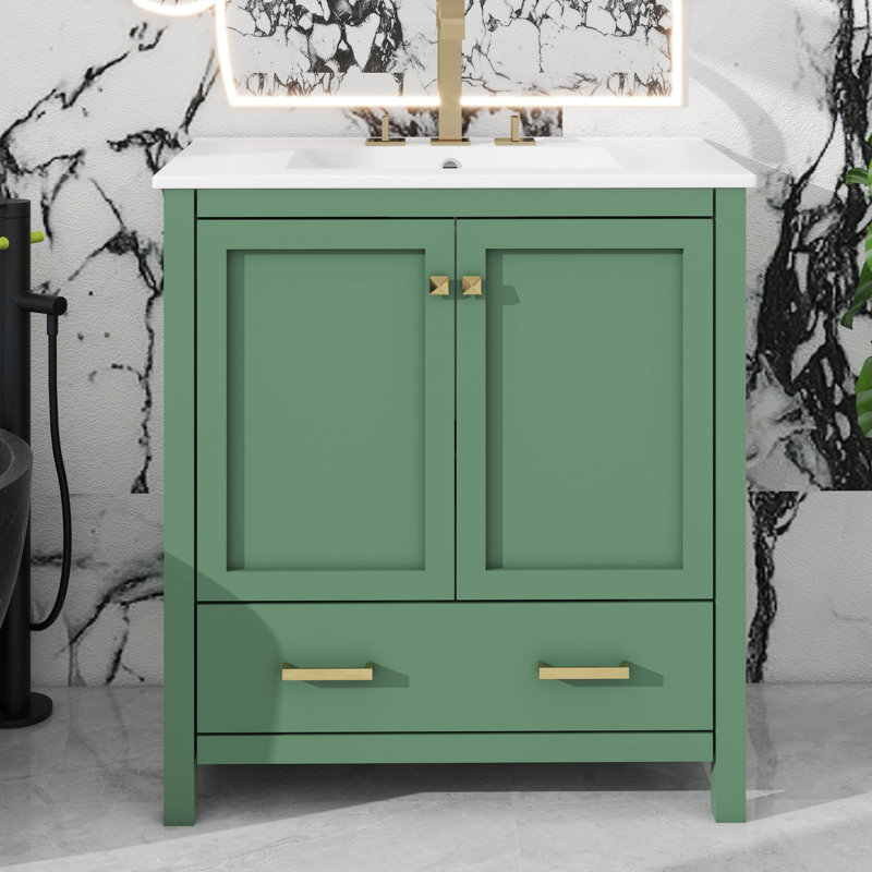 Meuble-lavabo de 30 po avec lavabo simple, armoire de rangement de salle de bain avec 2 portes et un tiroir, fermeture en douceur, structure en bois massif