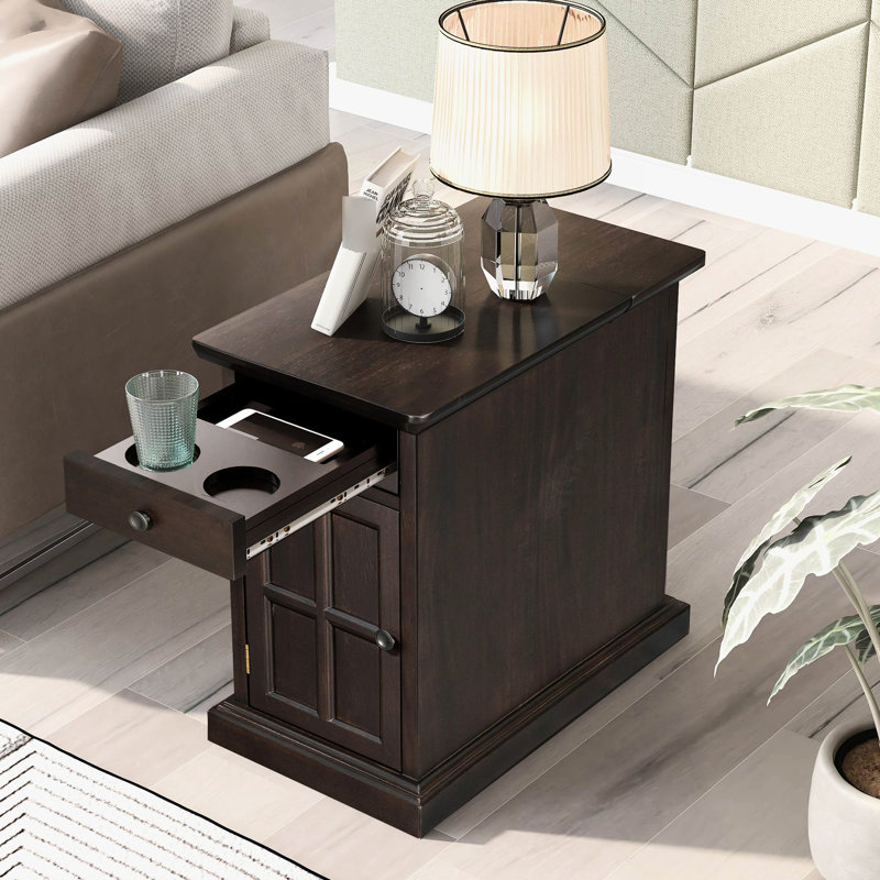 Table d'appoint antique avec tiroir et porte-gobelets avec compartiment de rangement