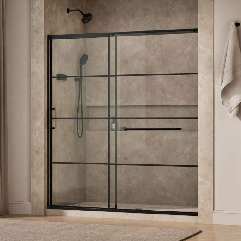 Sliding Shower Door, 75-1/2-In H X 68-1/4 - 71-5/8-In W, Crystal Clear w/Rectangular Grid