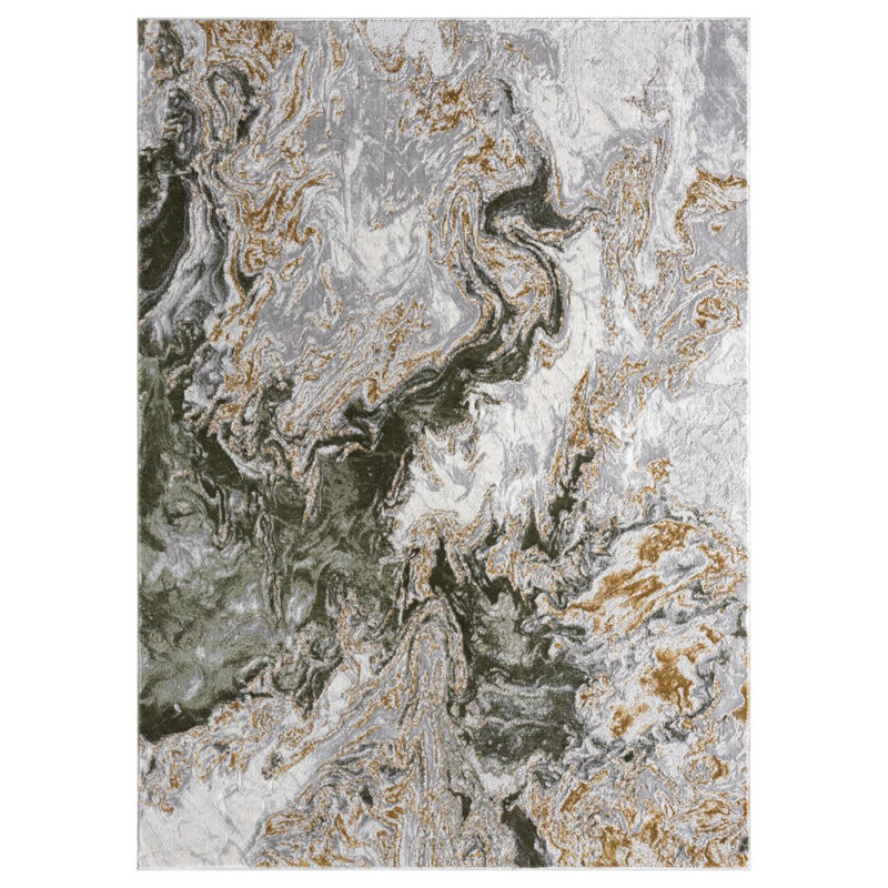 Modern Abstract Green Gold Area Rug, Rectangle 7'4" x 10'2"