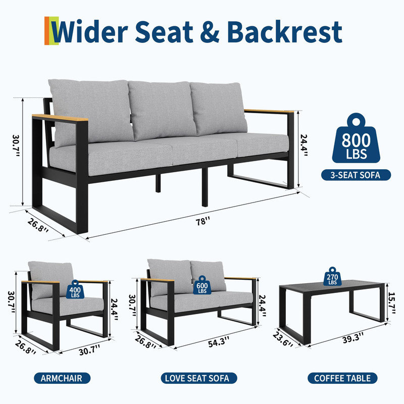 Ensemble de conversation d'extérieur 7 pièces - Canapé, causeuse et table pour patio, Gray