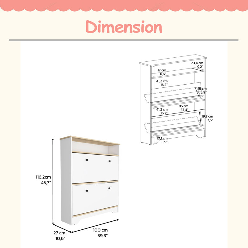 Shoe Rack 46" H, One Open Storage Shelf, Two Internal Storage Drawers, Two Doors