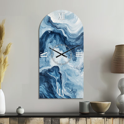 Cool Blue Contour Marble I - Abstract Large Arched Metal Wall Clock, Printed on Metal