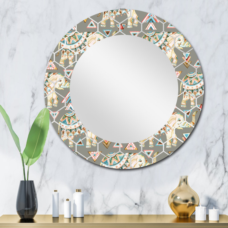 Éléphant indien tribal - miroir mural moderne, 32 po x 32 po