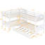 Lit superposé blanc en forme de L avec lit gigogne, solide et fiable, s'adapte à tout lit gigogne. Structure en bois massif. Polyvalent pour un usage familial. 6 ans et plus. Pas de sommier tapissier. Capacité de 300 lb
