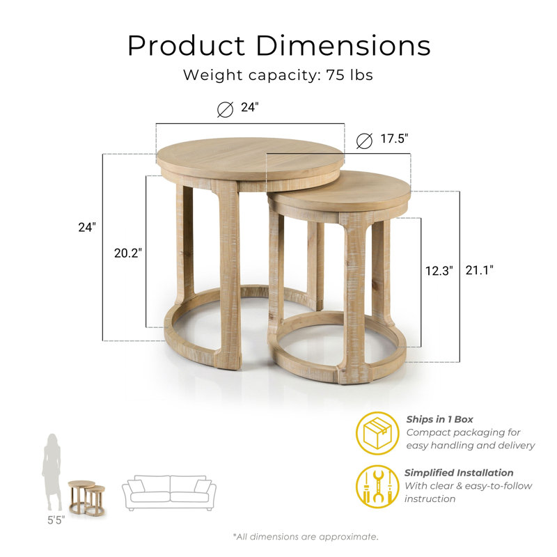 Hazel Solid Wood Round Nesting End Table, Natural