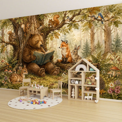 Peel and Stick Wallpaper Wall Mural Cute Woodland Animals Reading Forest Fox Bear Rabbit Raccoon Wall Art Self Adhesive and Removable