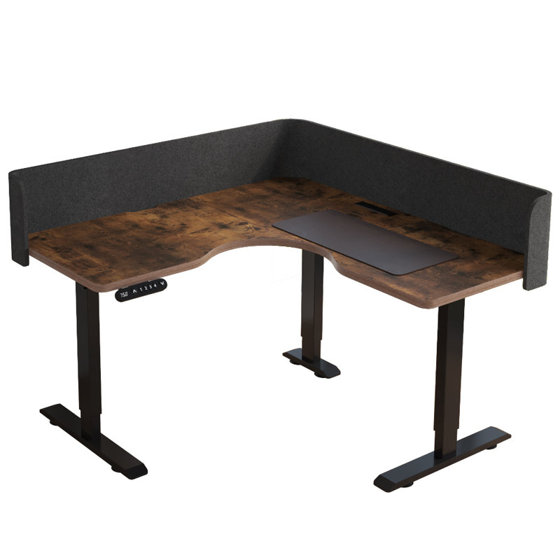 55"  L-shaped Height-adjustable Standing Desk with Divider, Mouse Pad and Power Strip, Brown/Black
