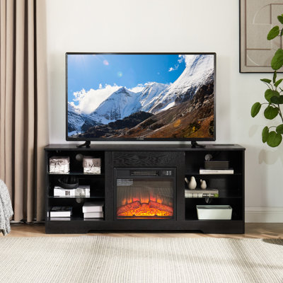 Meuble télé de 58 pouces (147 cm) avec foyer électrique et télécommande, noir, pour téléviseurs de 32 à 62 pouces (81 à 157 cm). Système de gestion des câbles inclus.