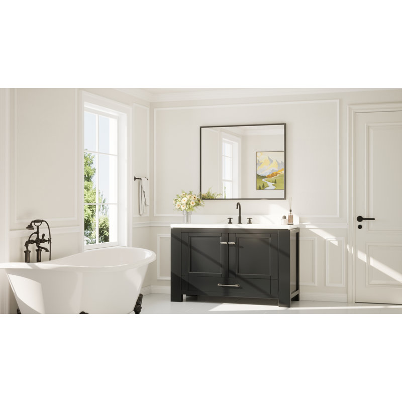 Miroir de salle de bain avec cadre en aluminium et verre trempé, 42 po x 36 po, Noir mat, Rectangulaire