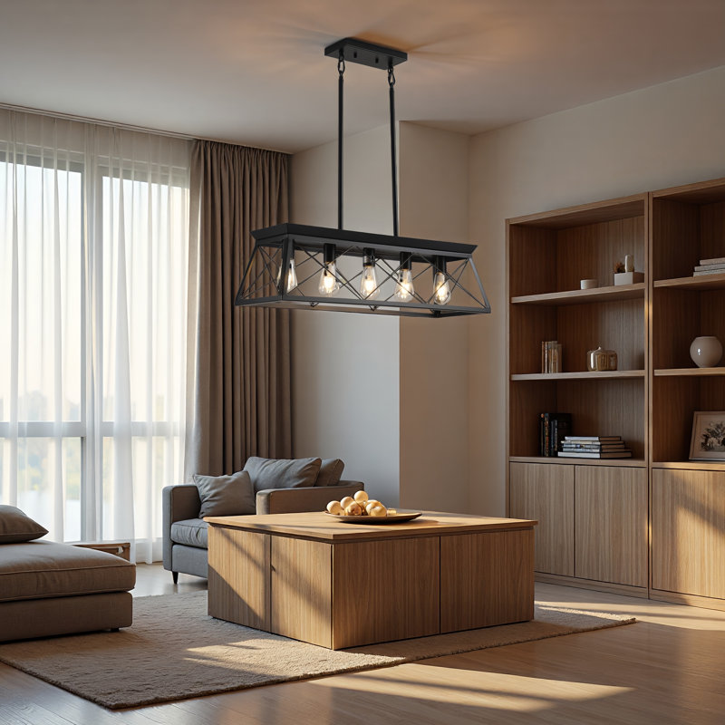 5 - Light Kitchen Island Linear Pendant with Wood Accents, Matte Black