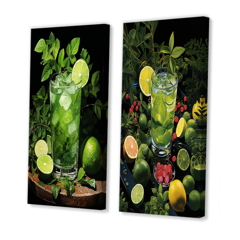 «Green Tropical Lime Cocktail I», ensemble d'art mural sur toile 2 cocktails, Toile tendue, H 32 po x l 33 po