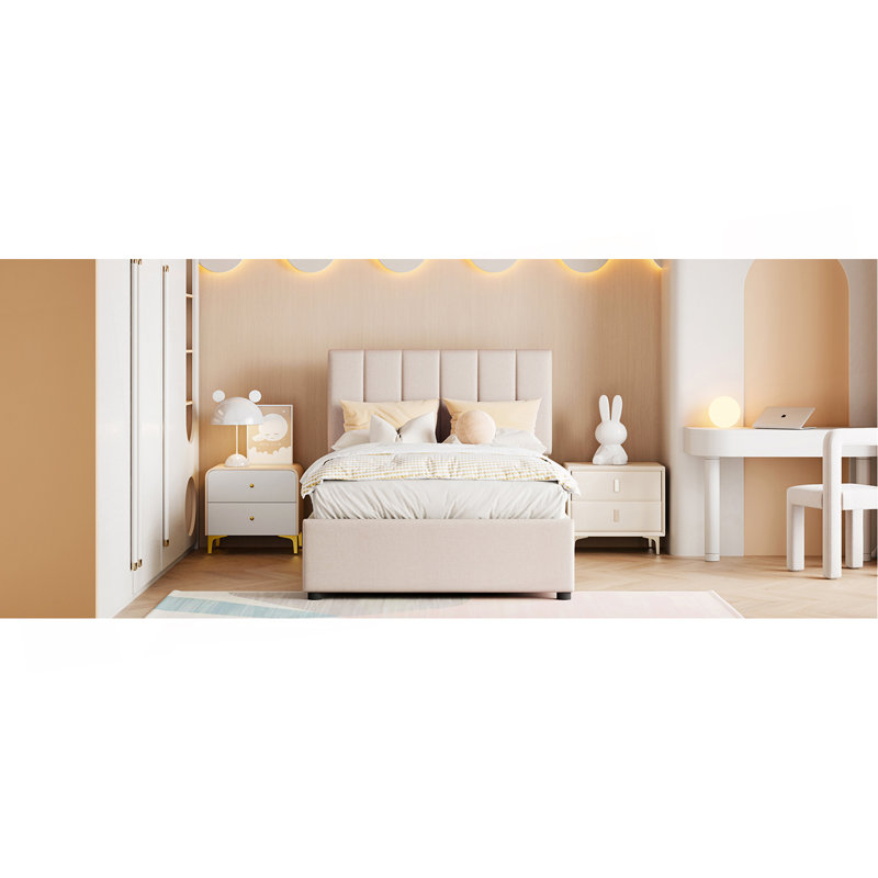 Lit plateforme tapissier Christenson avec système de rangement hydraulique, Beige
