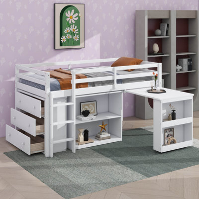 Twin Loft Bed With Drawer Shelf And Pull-Out Desk Combo