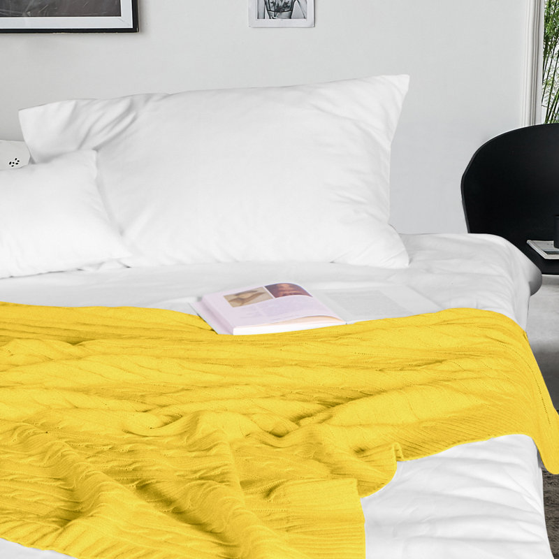 Plaid tricoté, 100 % coton pur, lavable à la machine, L 90 po x l 68 po, Jaune