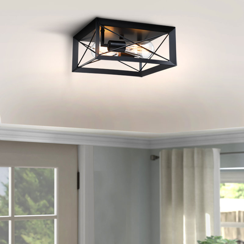2-Light 12in" Square Flush Mount Light Fixtures with Matte Black Finish
