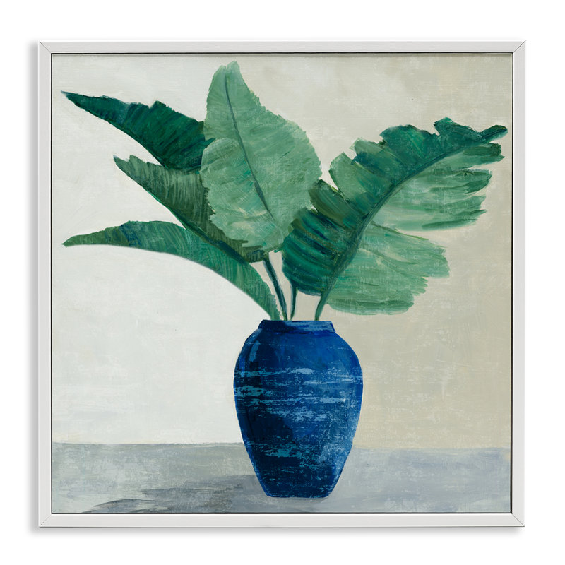  «Fan Palms in Vase», art de la giclée encadrée par Jacob Q, H 17 po x l 17 po, Estampe numérique encadrée blanc bord de mer