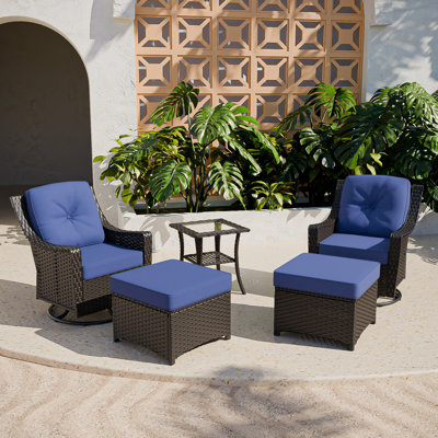 5-Piece Outdoor PE Brown Wicker Rattan Wide Armrest Swivel Glider Seating Group Patio Conversation Set with Olefin Thick Cushions by Red Barrel Studio