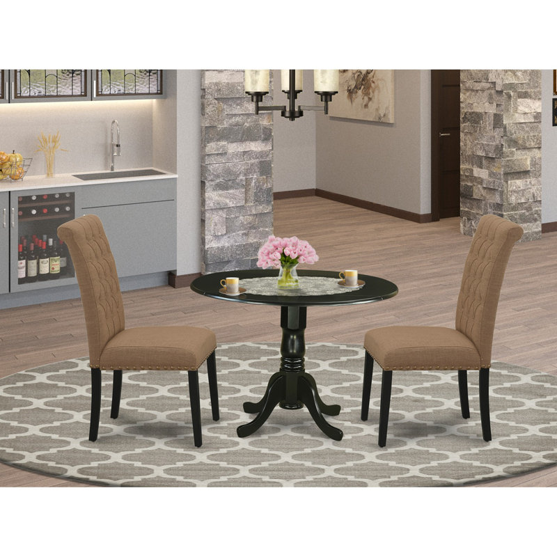 3 Piece Dining Room Furniture Set Contains a Round Dining Table with Dropleaf and 2 Light Sable Linen Fabric Upholstered Chairs, Black