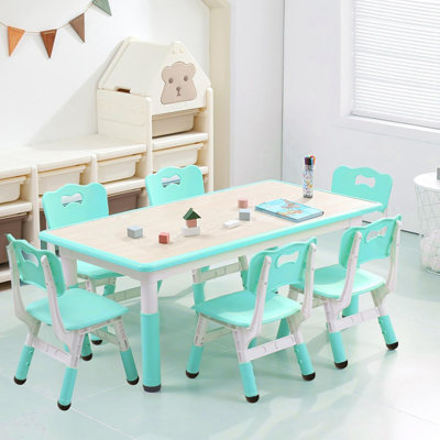 Ensemble de table pour enfants et 6 chaises, ensemble de table pour tout-petits à hauteur ajustable moderne de 47 po et 6 chaises avec pieds de bureau antidérapants et bureau Graffiti, bleu clair