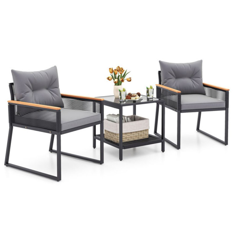 Ensemble de conversation d'extérieur 3 pièces avec accoudoirs en bois d'acacia à 2 couches