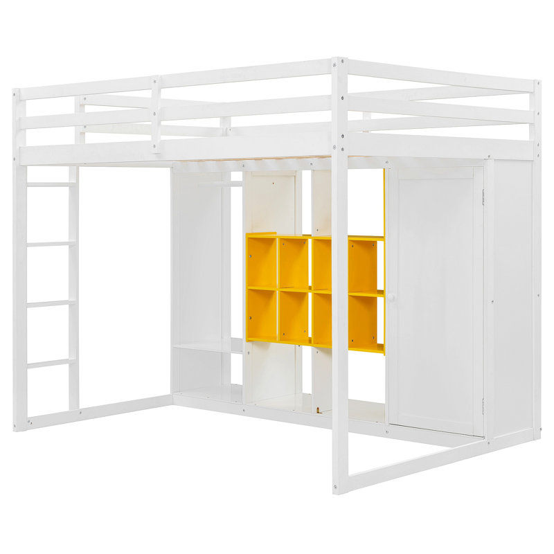 Lit mezzanine en bois avec garde-robe, tablettes et armoire, Jaune / Blanc, Lit double