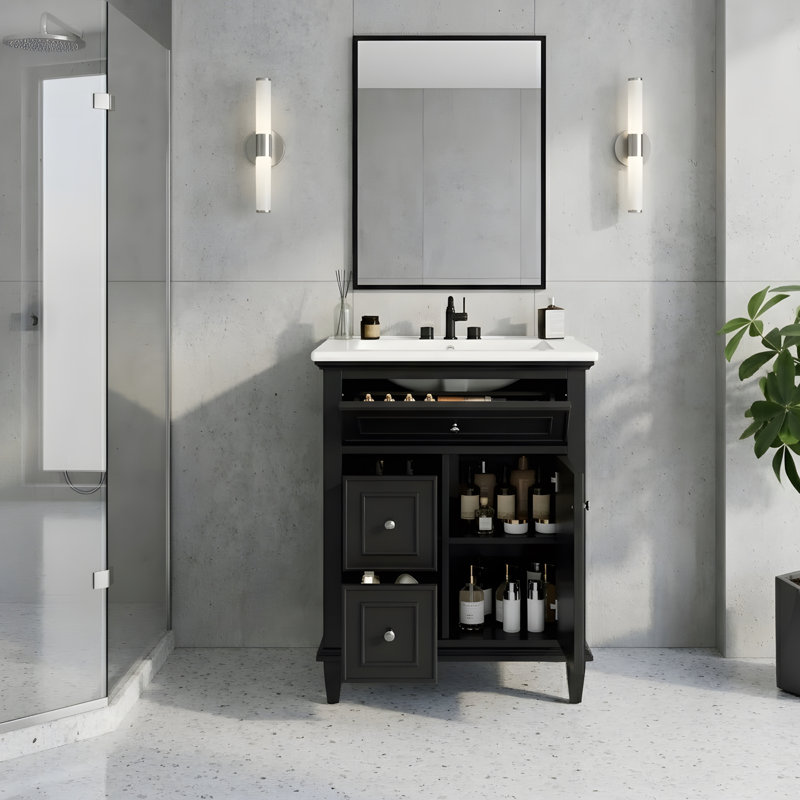 Meuble-lavabo de salle de bain avec lavabo et rangement polyvalent, Noir, 24