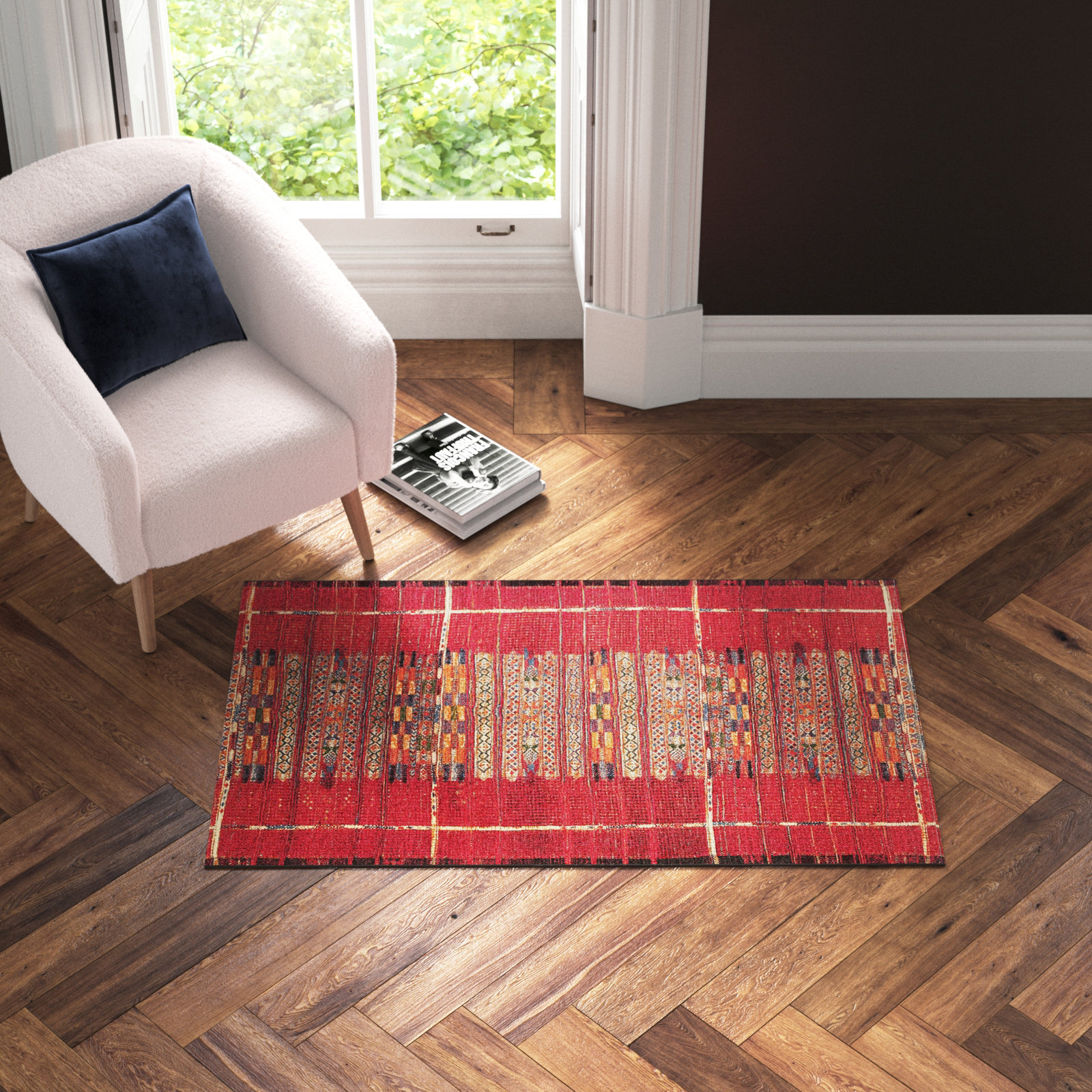 Sesena Red Striped Outdoor Rug, Rectangle 3'3" x 4'11"