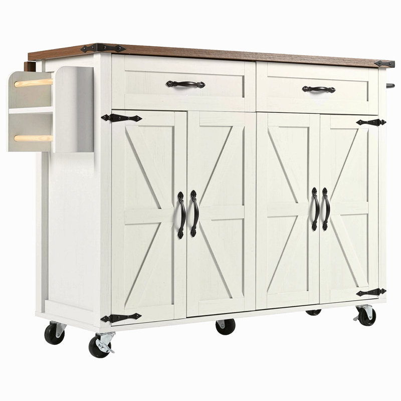 53.5''Farmhouse Kitchen Island With Power Outlet, Kitchen Storage Island With Drop Leaf, Spice Rack And Drawer, Rolling Kitchen Cart On Wheels, For Home, Kitchen And Dining Room