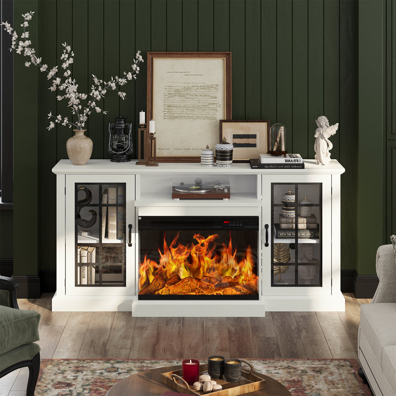 Eijah 58.2'' W Storage Credenza with Electric Fireplace Included, White