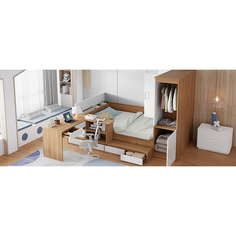 Full Size Platform Bed With 6 Drawers, Semi - Enclosed Pinewood Design, Side Shelves For Keeping Room Tidy, Desk Mobile Charging, Wardrobe Open Hanging And Closed Compartment Natural Frame, 4