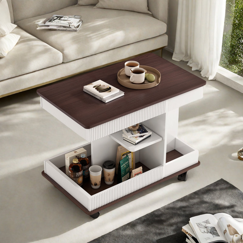 Adjustable End Table With Wheels, 360°rotating Top, Storage Space, Wood Grain Texture And Vertical Striped Design, White