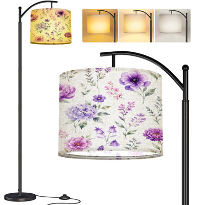  Arc Floor Lamp Watercolor floral seamless blue purple flowers green leaves for Tall Modern Standing Lamp LED Adjustable Linen Lampshade 3 Color Temperatures