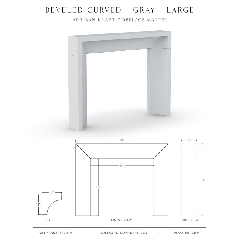 Beveled Curved Cast Stone Fireplace Surround, 53" H x 68" W x 11" D, Gray