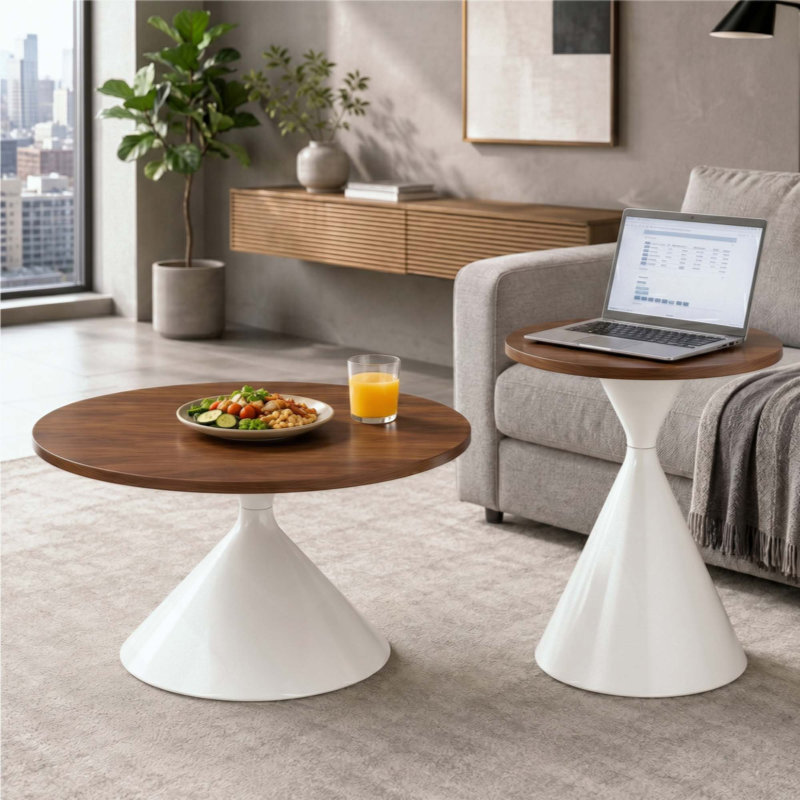 Ensemble de 2 tables basses rondes, plateau de table à motifs avec base en acier, table basse multifonctionnelle à la mode