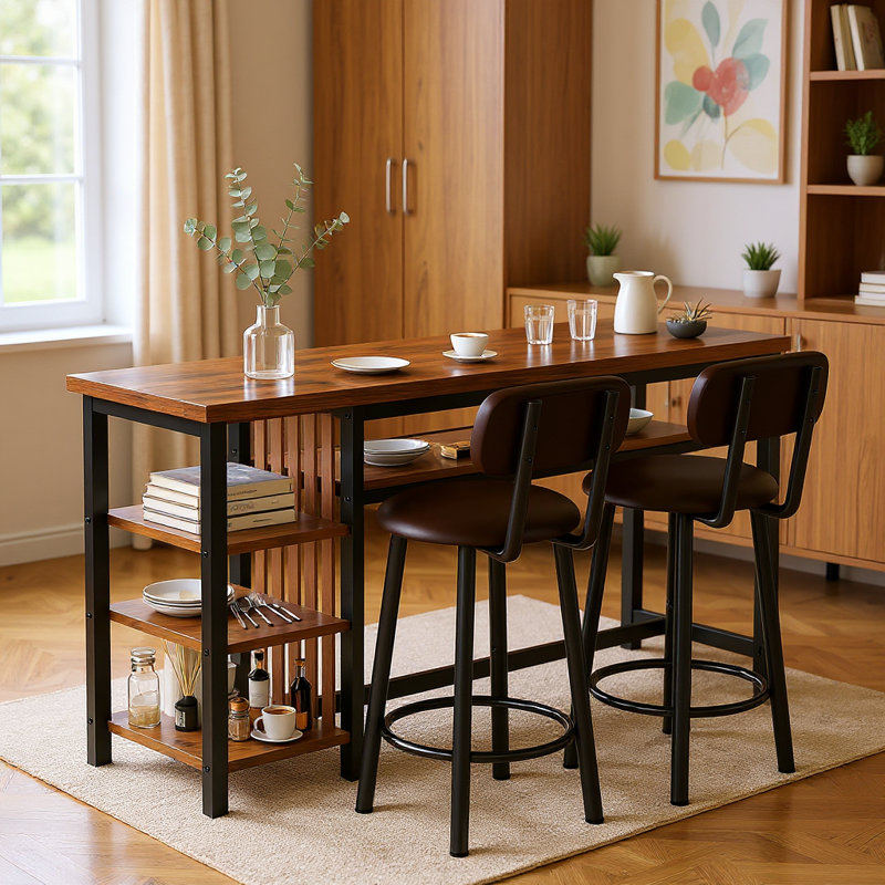 Euphemie 2 - Person Counter Height Bar Table Set with 2 Upholstered Stool Chairs, Brown/Black